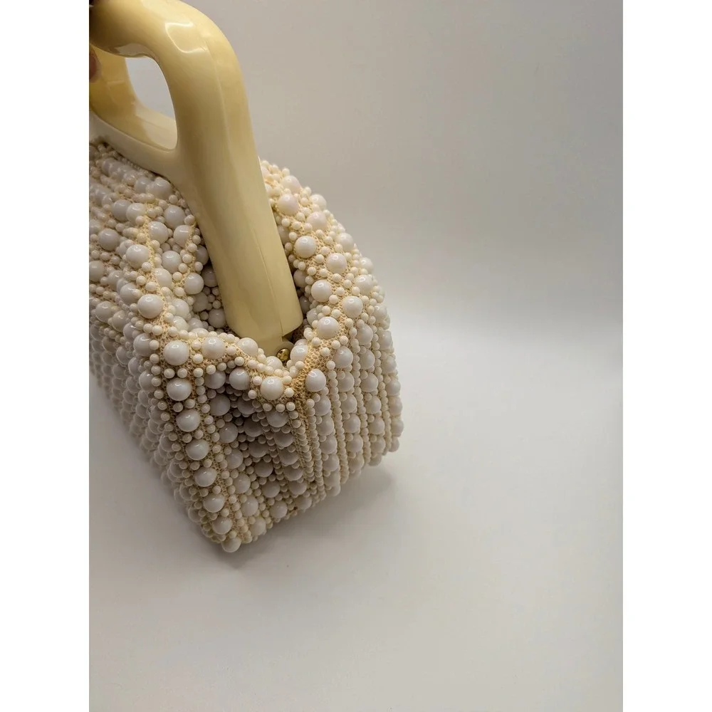 Vintage Handmade Beaded Handbag White Pearl Lucite Handle Kiss Lock Hong Kong